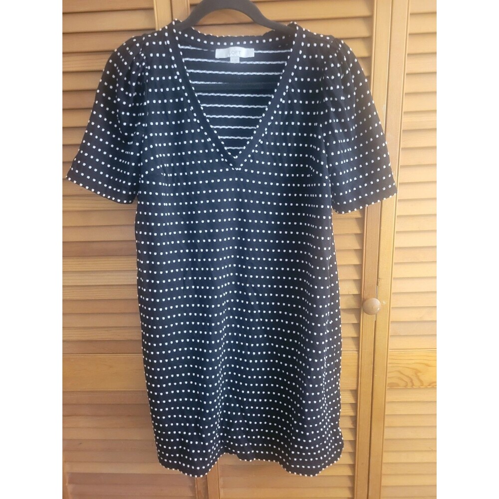 LOFT Black V Neck Dress W White Dots Sz Medium